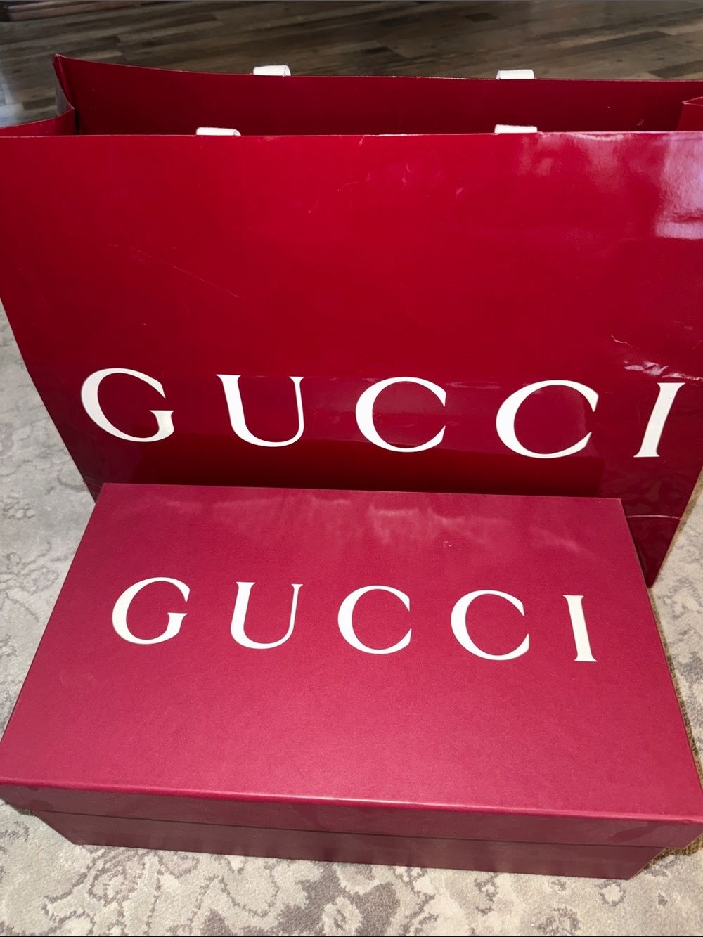 Gucci Red Box and Shopping Bag with White Logo